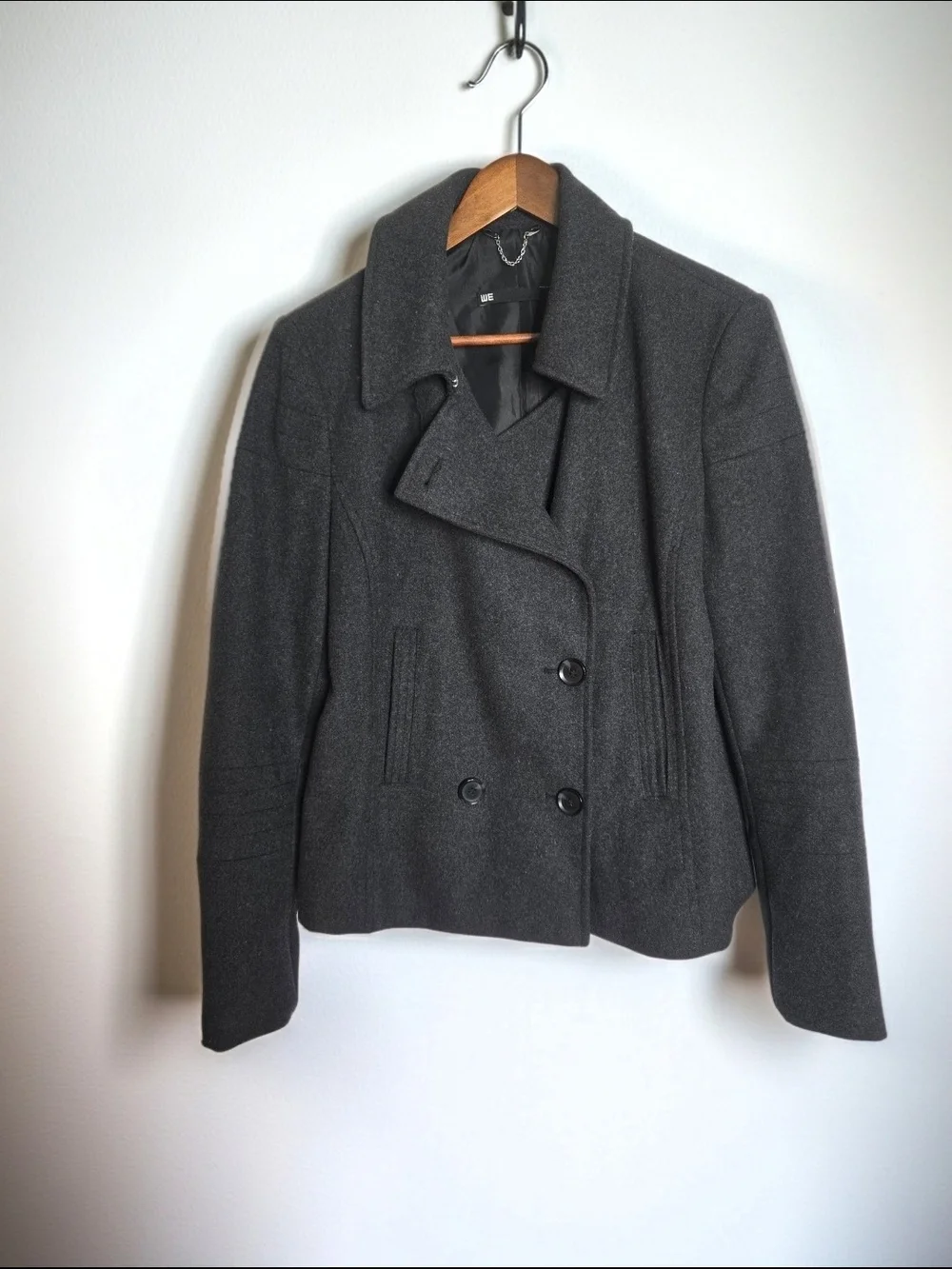 WE Charcoal Gray Wool Blend Double Breasted Cropped Pea Coat Jacket Women Size M